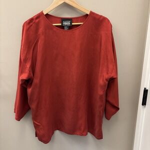 Eileen Fisher Silk Scoop Neck Blouse Size M/L Rust Red 3/4 Sleeve Minimal Chic